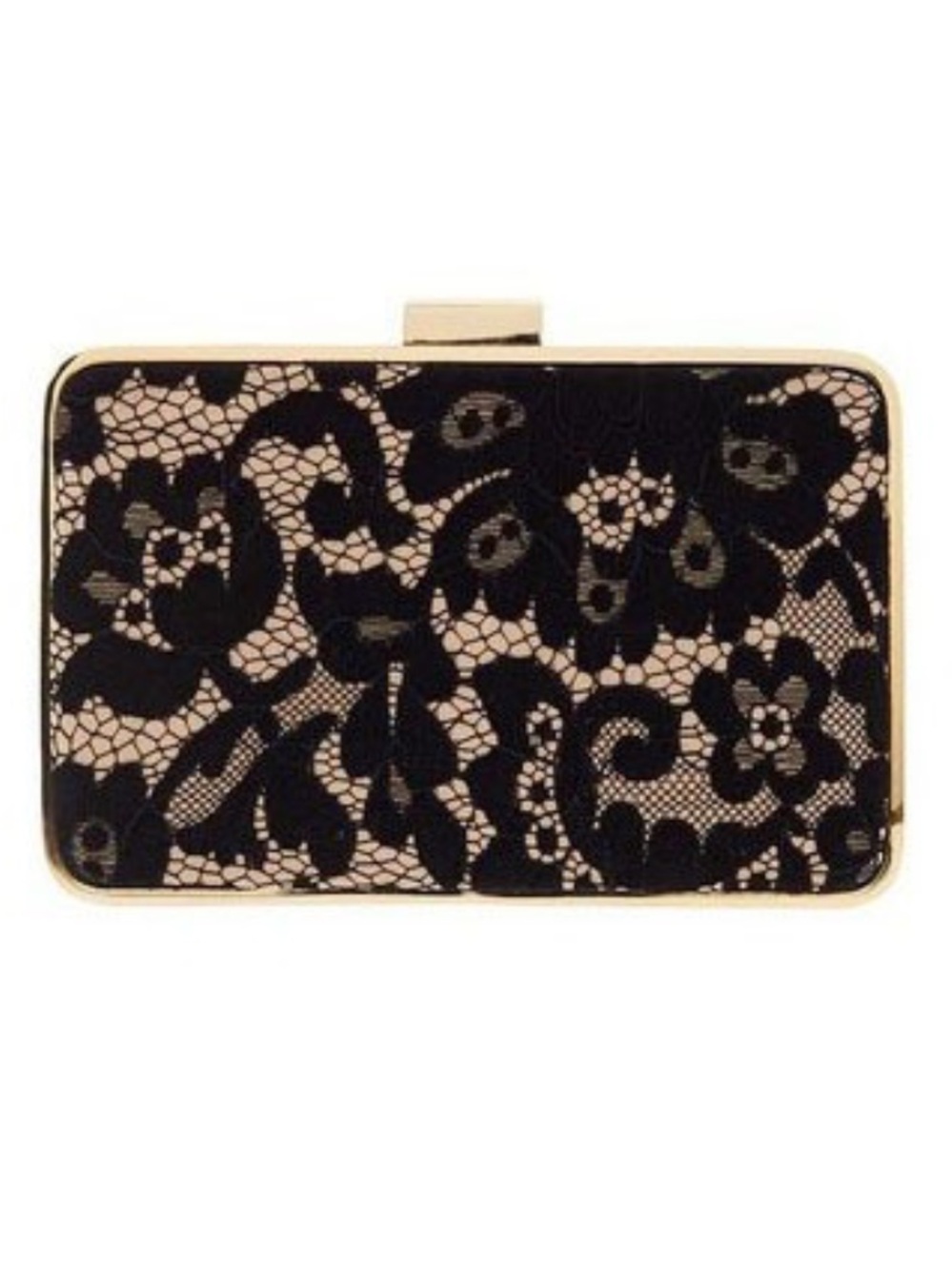 BANANA REPUBLIC Black Lace Overlay Leather Trim Gold Hardware Clutch Evening